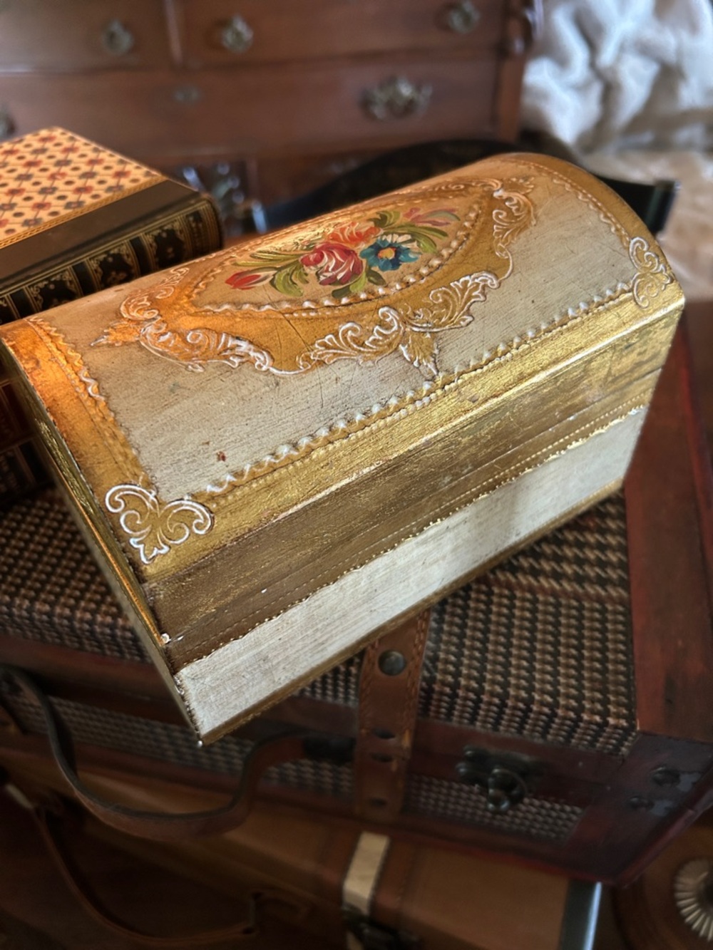 Hand-Painted Vintage Florentine Trinket Box with Floral Design